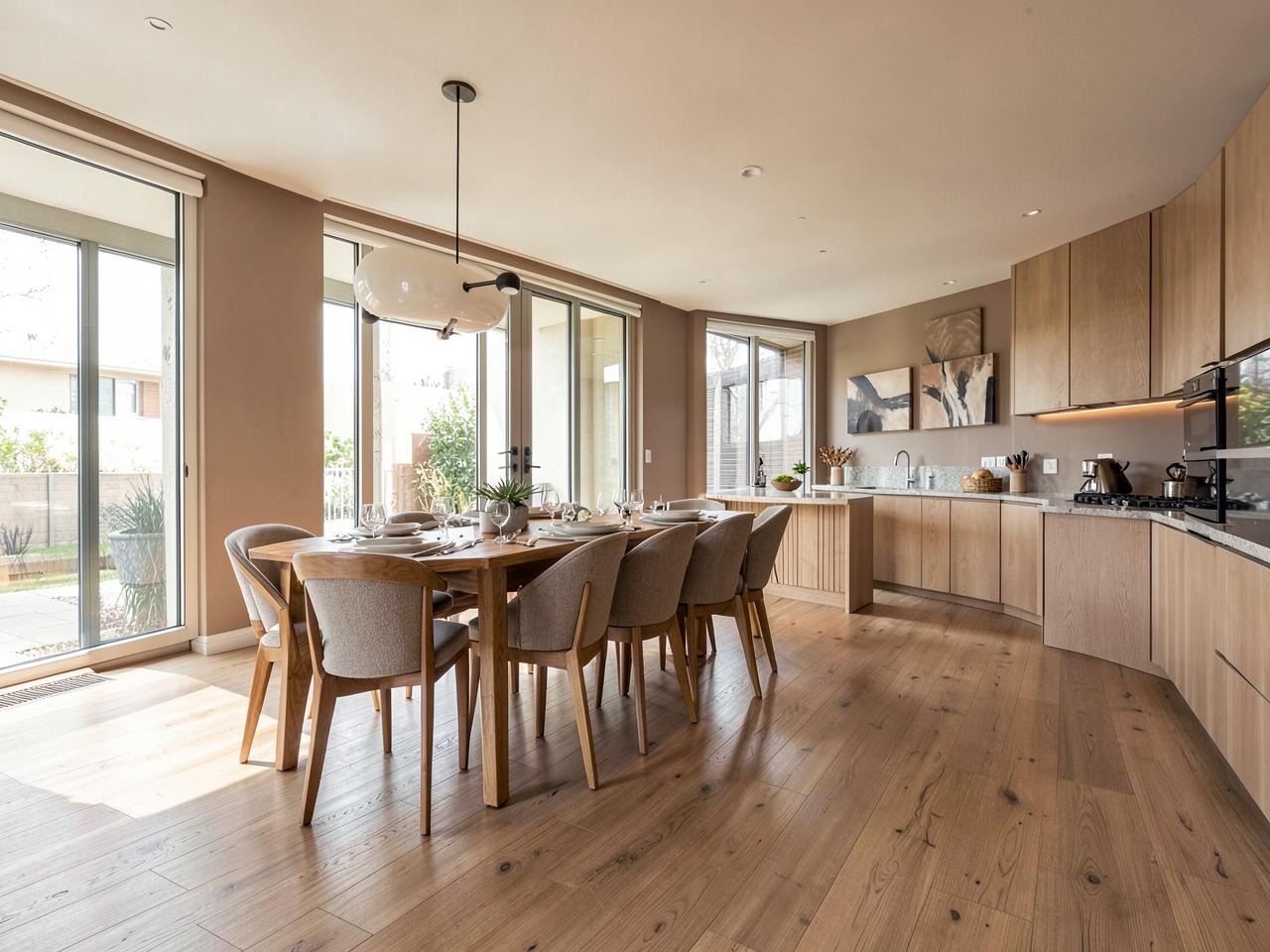 Open-concept dining and kitchen area with wide engineered wood flooring in warm daylight